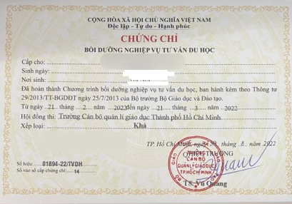 Làm Chứng Chỉ Tư Vấn Du Học Phôi Thật Lấy Ngay Giá Rẻ