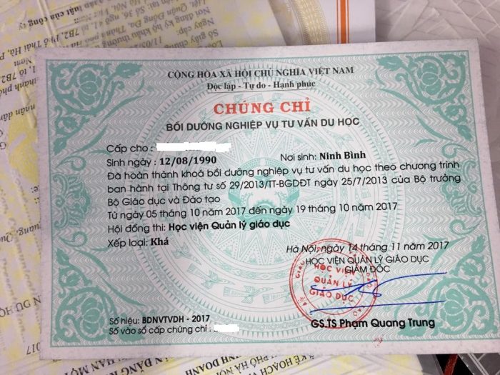 Làm Chứng Chỉ Tư Vấn Du Học Phôi Thật Lấy Ngay Giá Rẻ
