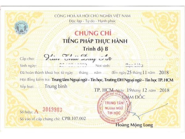 Làm Chứng Chỉ Tiếng Pháp Phôi Gốc Bao Công Chứng Quốc Tế